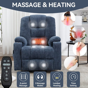 English Elm Large Power Lift Recliner Chenille Chair with Massage Heat and USB Charging Ports Blue W1803S00114