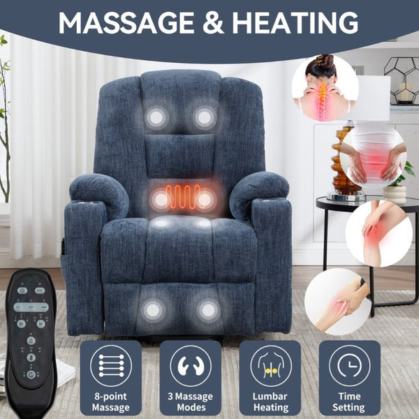 English Elm Large Power Lift Recliner Chenille Chair with Massage Heat and USB Charging Ports Blue W1803S00114