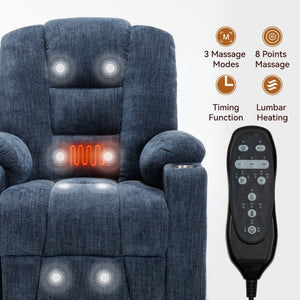English Elm Large Power Lift Recliner Chenille Chair with Massage Heat and USB Charging Ports Blue W1803S00114