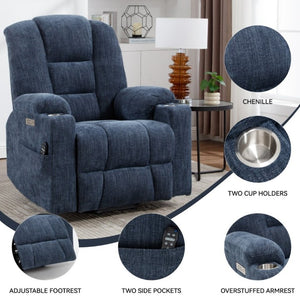 English Elm Large Power Lift Recliner Chenille Chair with Massage Heat and USB Charging Ports Blue W1803S00114