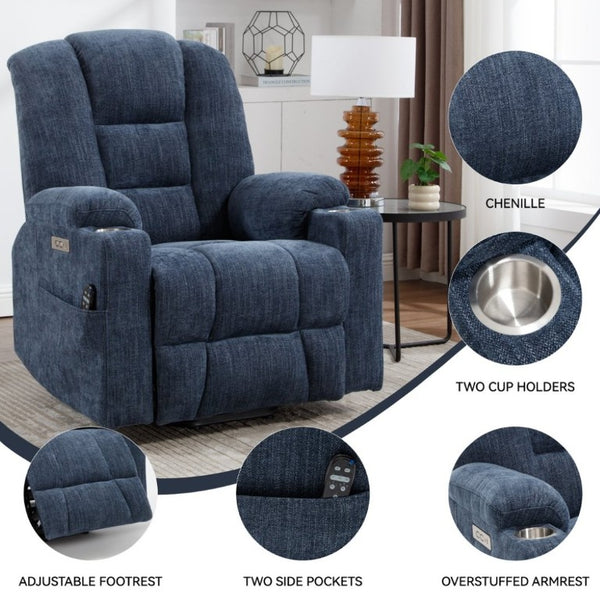 English Elm Large Power Lift Recliner Chenille Chair with Massage Heat and USB Charging Ports Blue W1803S00114