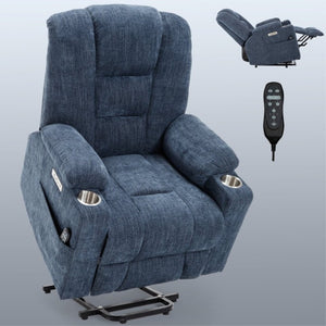 English Elm Large Power Lift Recliner Chenille Chair with Massage Heat and USB Charging Ports Blue W1803S00114
