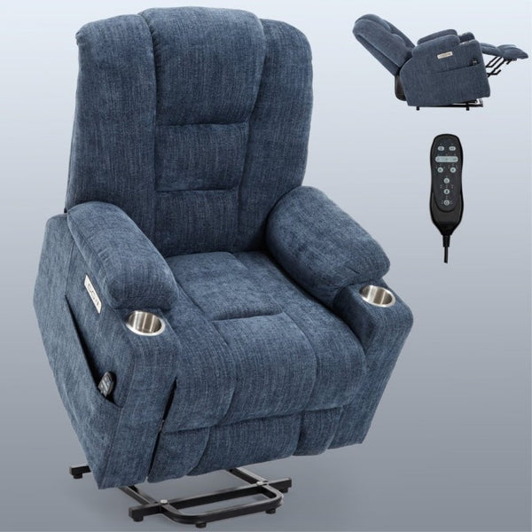 English Elm Large Power Lift Recliner Chenille Chair with Massage Heat and USB Charging Ports Blue W1803S00114