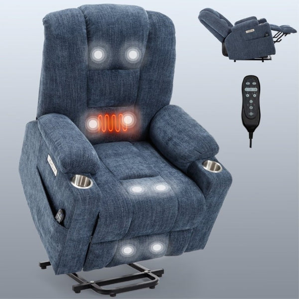 English Elm Large Power Lift Recliner Chenille Chair with Massage Heat and USB Charging Ports Blue W1803S00114