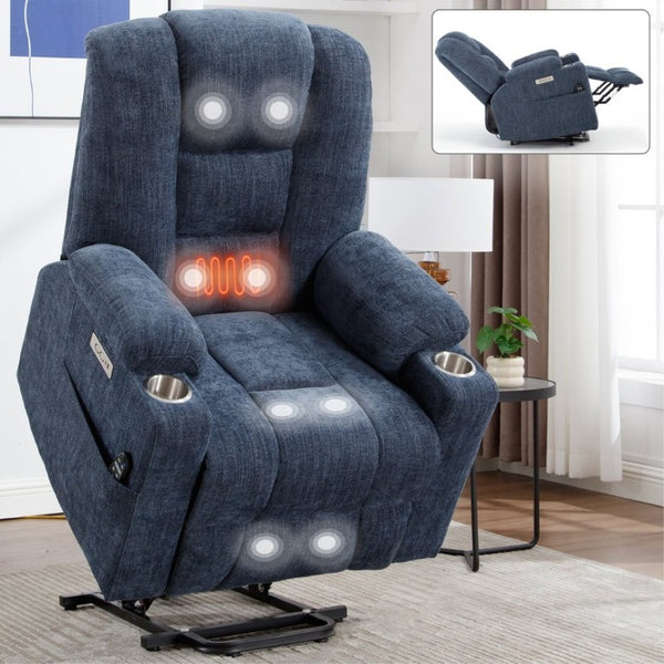 English Elm Large Power Lift Recliner Chenille Chair with Massage Heat and USB Charging Ports Blue W1803S00114