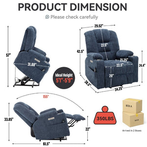 English Elm Large Power Lift Recliner Chenille Chair with Massage Heat and USB Charging Ports Blue W1803S00114