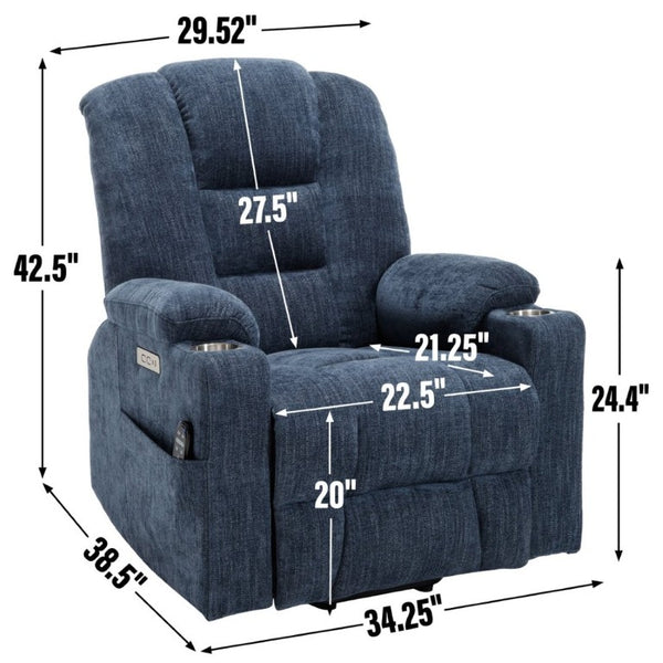 English Elm Large Power Lift Recliner Chenille Chair with Massage Heat and USB Charging Ports Blue W1803S00114