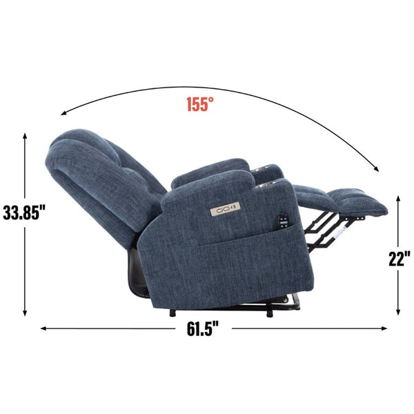 English Elm Large Power Lift Recliner Chenille Chair with Massage Heat and USB Charging Ports Blue W1803S00114