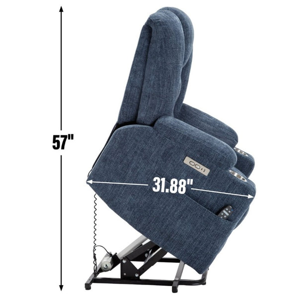 English Elm Large Power Lift Recliner Chenille Chair with Massage Heat and USB Charging Ports Blue W1803S00114