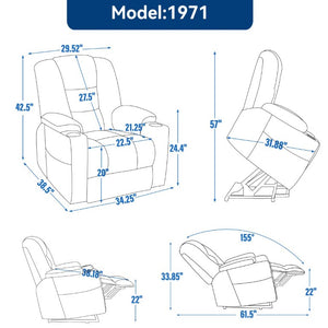 English Elm Large Power Lift Recliner Chenille Chair with Massage Heat and USB Charging Ports Blue W1803S00114