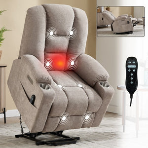 English Elm Large Power Lift Recliner Chenille Chair with Massage Heat and USB Charging Ports Khaki W1803S00115