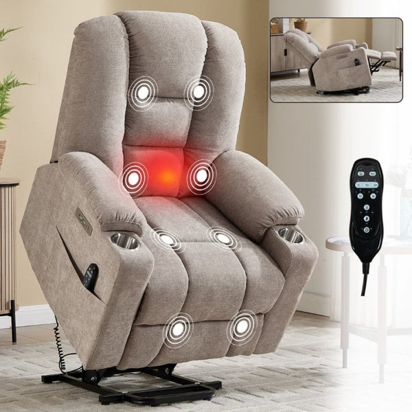 English Elm Large Power Lift Recliner Chenille Chair with Massage Heat and USB Charging Ports Khaki W1803S00115