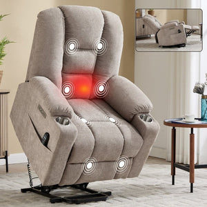 English Elm Large Power Lift Recliner Chenille Chair with Massage Heat and USB Charging Ports Khaki W1803S00115