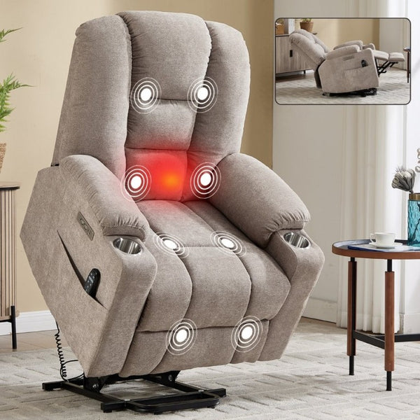 English Elm Large Power Lift Recliner Chenille Chair with Massage Heat and USB Charging Ports Khaki W1803S00115