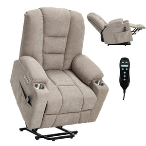 English Elm Large Power Lift Recliner Chenille Chair with Massage Heat and USB Charging Ports Khaki W1803S00115