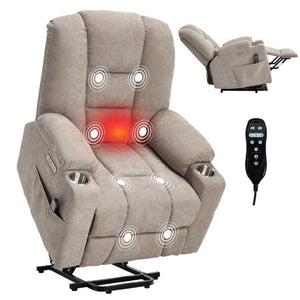 English Elm Large Power Lift Recliner Chenille Chair with Massage Heat and USB Charging Ports Khaki W1803S00115