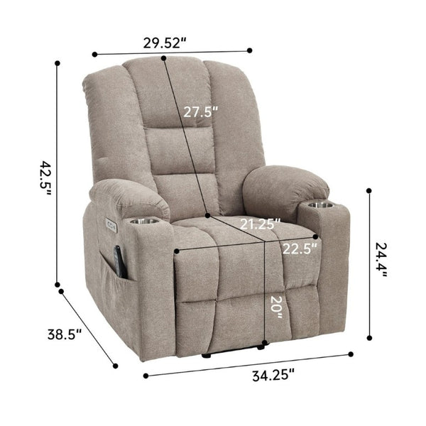 English Elm Large Power Lift Recliner Chenille Chair with Massage Heat and USB Charging Ports Khaki W1803S00115