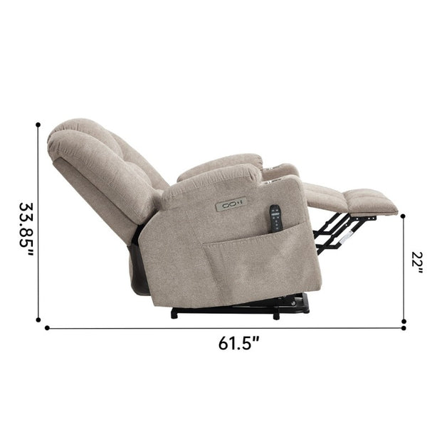 English Elm Large Power Lift Recliner Chenille Chair with Massage Heat and USB Charging Ports Khaki W1803S00115