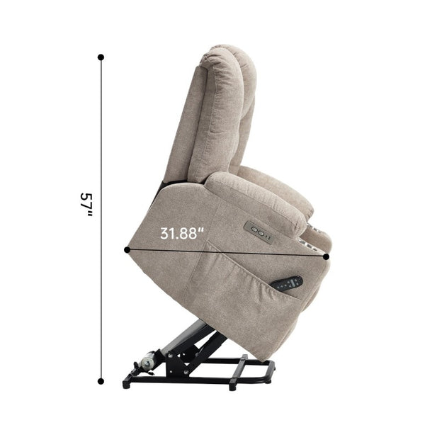 English Elm Large Power Lift Recliner Chenille Chair with Massage Heat and USB Charging Ports Khaki W1803S00115