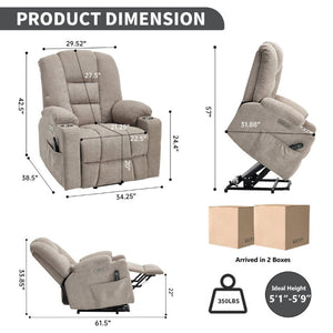 English Elm Large Power Lift Recliner Chenille Chair with Massage Heat and USB Charging Ports Khaki W1803S00115