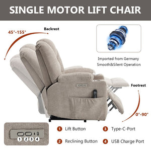English Elm Large Power Lift Recliner Chenille Chair with Massage Heat and USB Charging Ports Khaki W1803S00115
