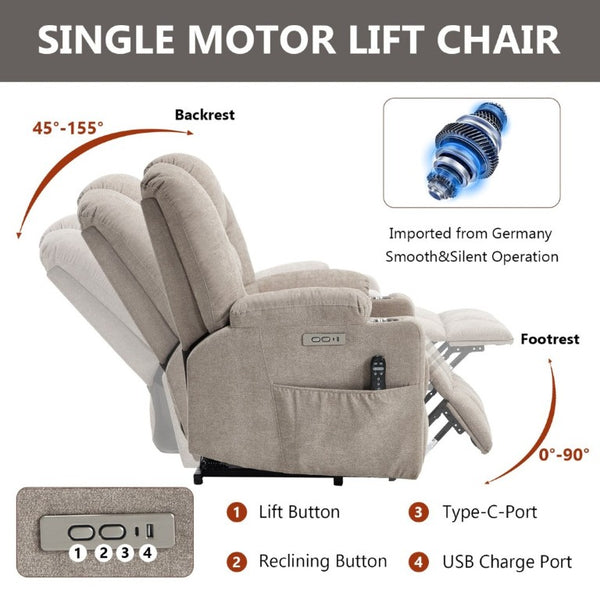 English Elm Large Power Lift Recliner Chenille Chair with Massage Heat and USB Charging Ports Khaki W1803S00115