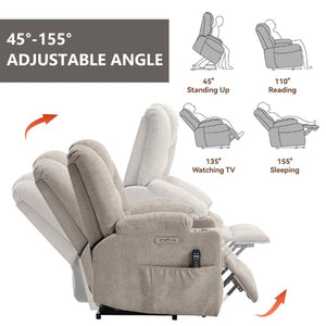 English Elm Large Power Lift Recliner Chenille Chair with Massage Heat and USB Charging Ports Khaki W1803S00115