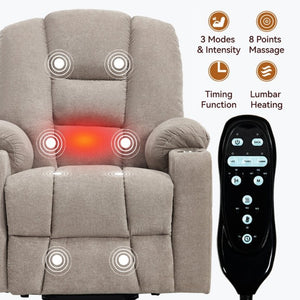 English Elm Large Power Lift Recliner Chenille Chair with Massage Heat and USB Charging Ports Khaki W1803S00115
