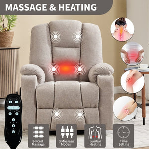 English Elm Large Power Lift Recliner Chenille Chair with Massage Heat and USB Charging Ports Khaki W1803S00115