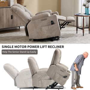 English Elm Large Power Lift Recliner Chenille Chair with Massage Heat and USB Charging Ports Khaki W1803S00115