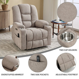 English Elm Large Power Lift Recliner Chenille Chair with Massage Heat and USB Charging Ports Khaki W1803S00115