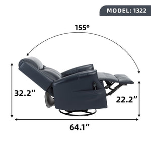 English Elm Blue Genuine Leather Massage Rocker Recliner with Swivel Base and Nail Head Trim W1803S00116