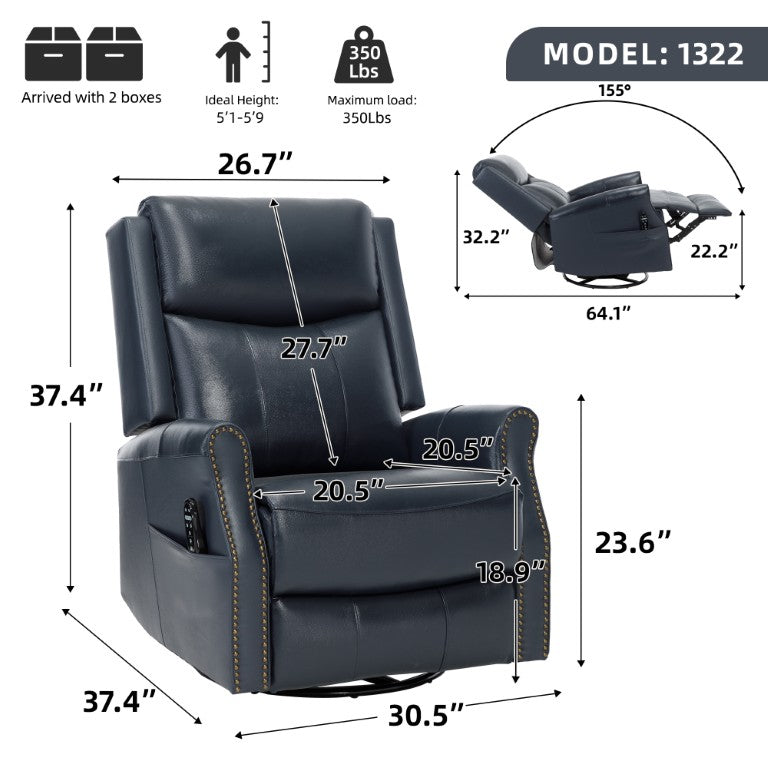 English Elm Blue Genuine Leather Massage Rocker Recliner with Swivel Base and Nail Head Trim W1803S00116