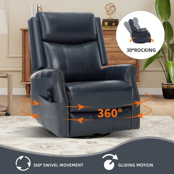 English Elm Blue Genuine Leather Massage Rocker Recliner with Swivel Base and Nail Head Trim W1803S00116