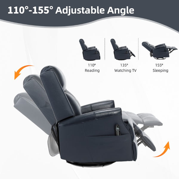 English Elm Blue Genuine Leather Massage Rocker Recliner with Swivel Base and Nail Head Trim W1803S00116