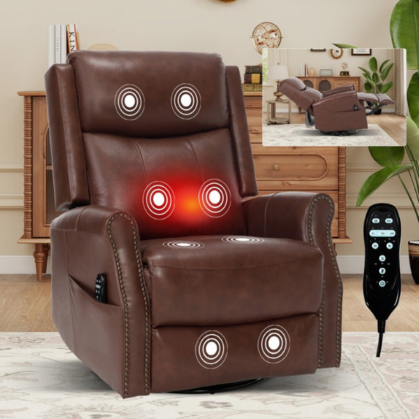 English Elm Wine Red Top-Grain Leather Massage Recliner Swivel Rocker with Heat for Living Room W1803S00117