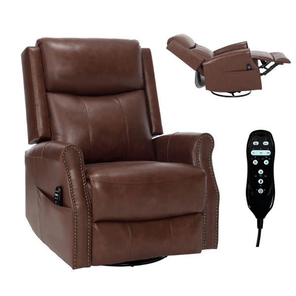 English Elm Wine Red Top-Grain Leather Massage Recliner Swivel Rocker with Heat for Living Room W1803S00117