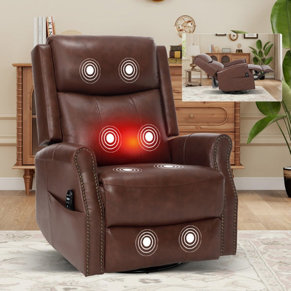 English Elm Wine Red Top-Grain Leather Massage Recliner Swivel Rocker with Heat for Living Room W1803S00117