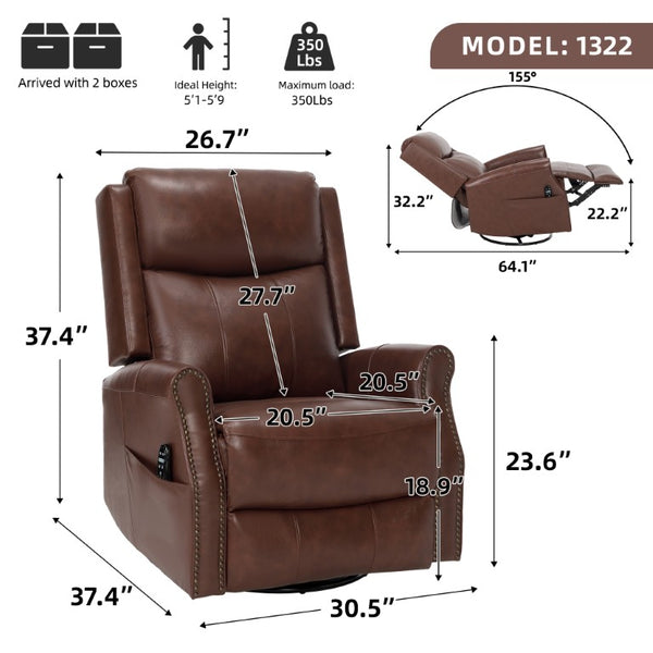 English Elm Wine Red Top-Grain Leather Massage Recliner Swivel Rocker with Heat for Living Room W1803S00117