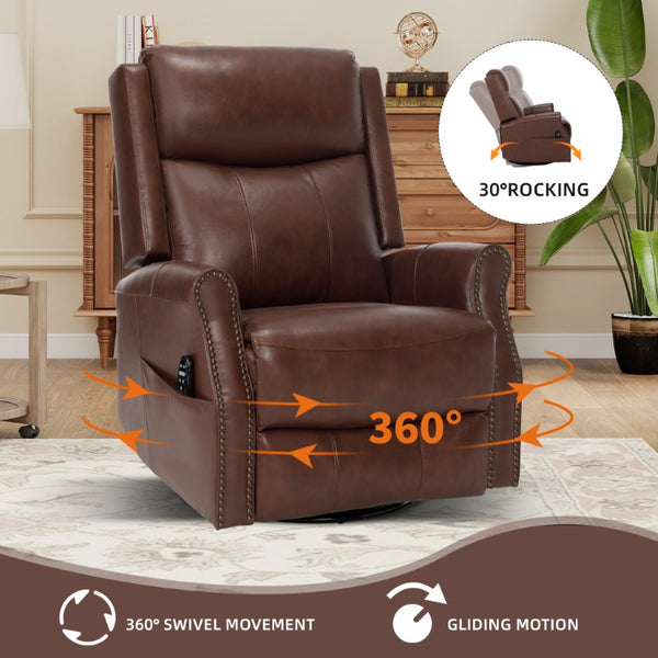 English Elm Wine Red Top-Grain Leather Massage Recliner Swivel Rocker with Heat for Living Room W1803S00117