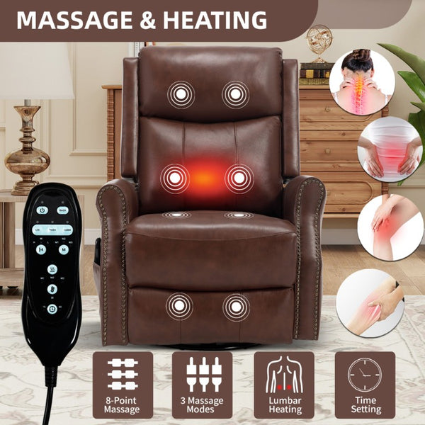 English Elm Wine Red Top-Grain Leather Massage Recliner Swivel Rocker with Heat for Living Room W1803S00117
