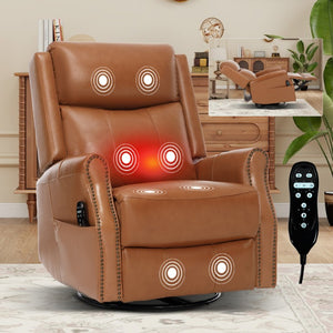 English Elm Yellow Genuine Leather Rocker Swivel Recliner with Massage Heat and Copper Nail Trim W1803S00118