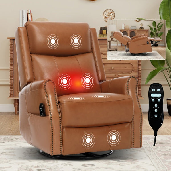 English Elm Yellow Genuine Leather Rocker Swivel Recliner with Massage Heat and Copper Nail Trim W1803S00118