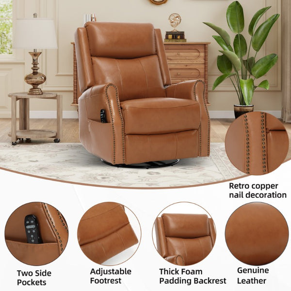 English Elm Yellow Genuine Leather Rocker Swivel Recliner with Massage Heat and Copper Nail Trim W1803S00118