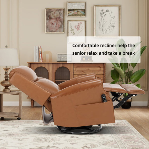 English Elm Yellow Genuine Leather Rocker Swivel Recliner with Massage Heat and Copper Nail Trim W1803S00118