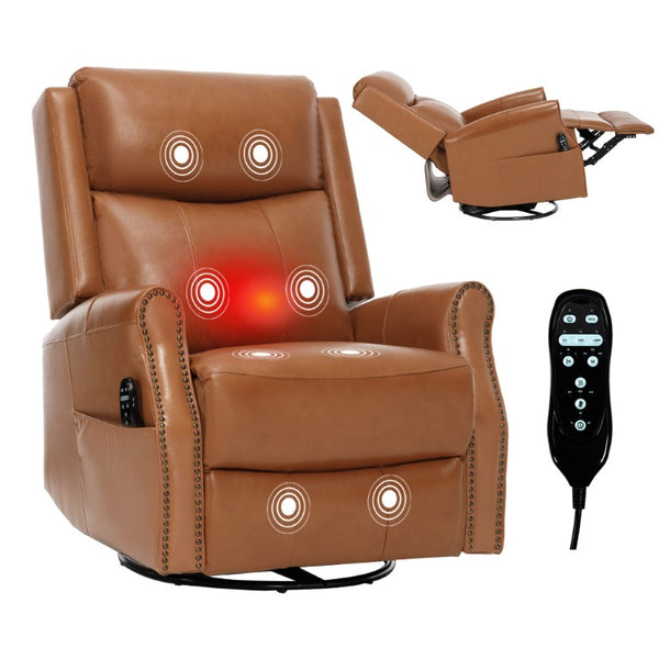 English Elm Yellow Genuine Leather Rocker Swivel Recliner with Massage Heat and Copper Nail Trim W1803S00118