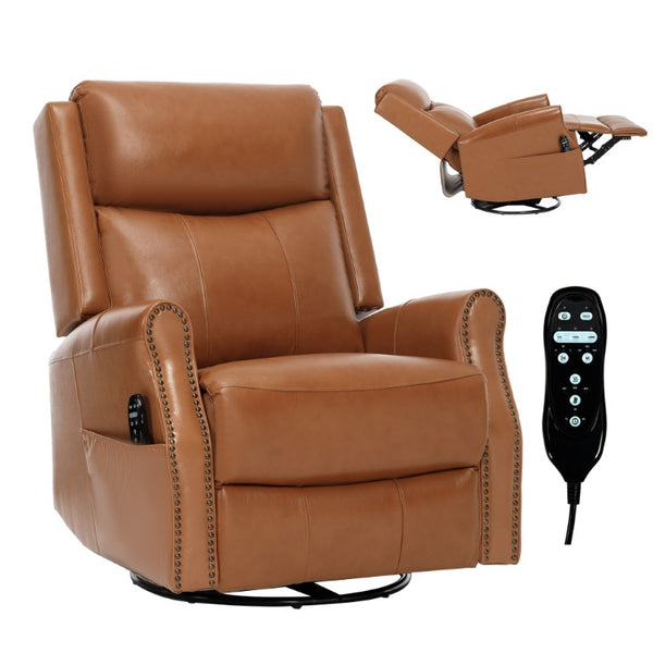English Elm Yellow Genuine Leather Rocker Swivel Recliner with Massage Heat and Copper Nail Trim W1803S00118