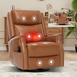 English Elm Yellow Genuine Leather Rocker Swivel Recliner with Massage Heat and Copper Nail Trim W1803S00118