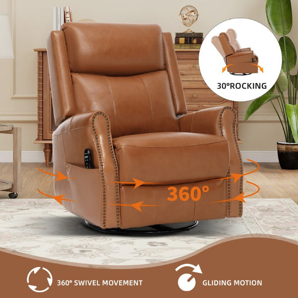 English Elm Yellow Genuine Leather Rocker Swivel Recliner with Massage Heat and Copper Nail Trim W1803S00118