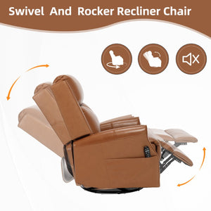 English Elm Yellow Genuine Leather Rocker Swivel Recliner with Massage Heat and Copper Nail Trim W1803S00118